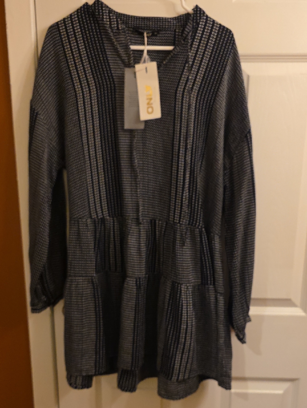 Only Navy and White Patterned Tiered Long-Sleeve Dress